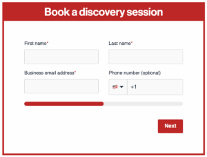 Online form titled "Book a discovery session" to explore our legal IT services, with fields for first name, last name, business email address, and optional phone number. A progress bar and "Next" button are shown.
